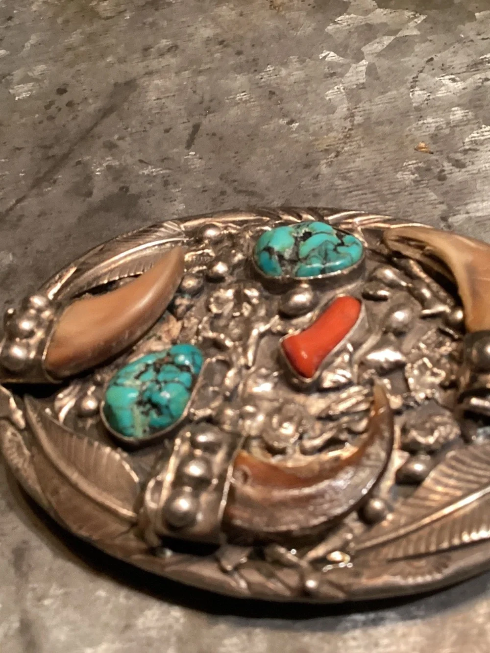 BEAR Claw BELT BUCKLE. OLD PAWN ? CORAL TURQUOISE. SIGNED “SC”